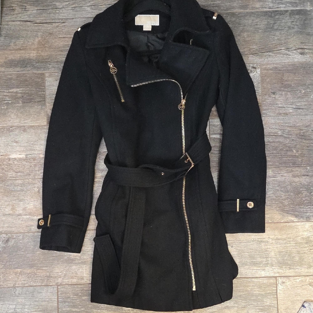 Michael Kors Black Winter Trench Coat with Gold Zippers
